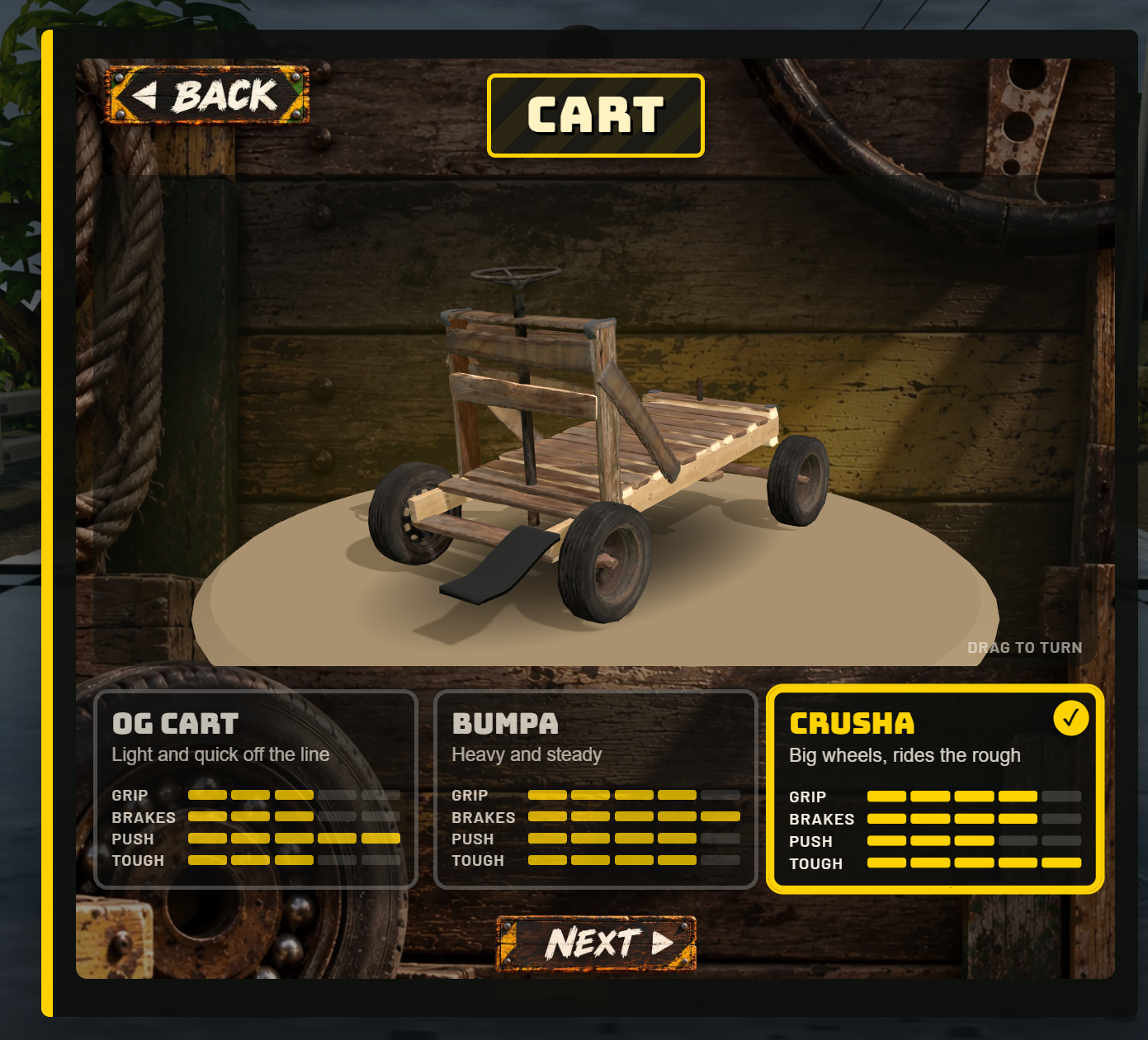 Hand Cart Mayhem cart selection screen showing the Crusha wooden handcart and OG Cart, Bumpa, and Crusha options