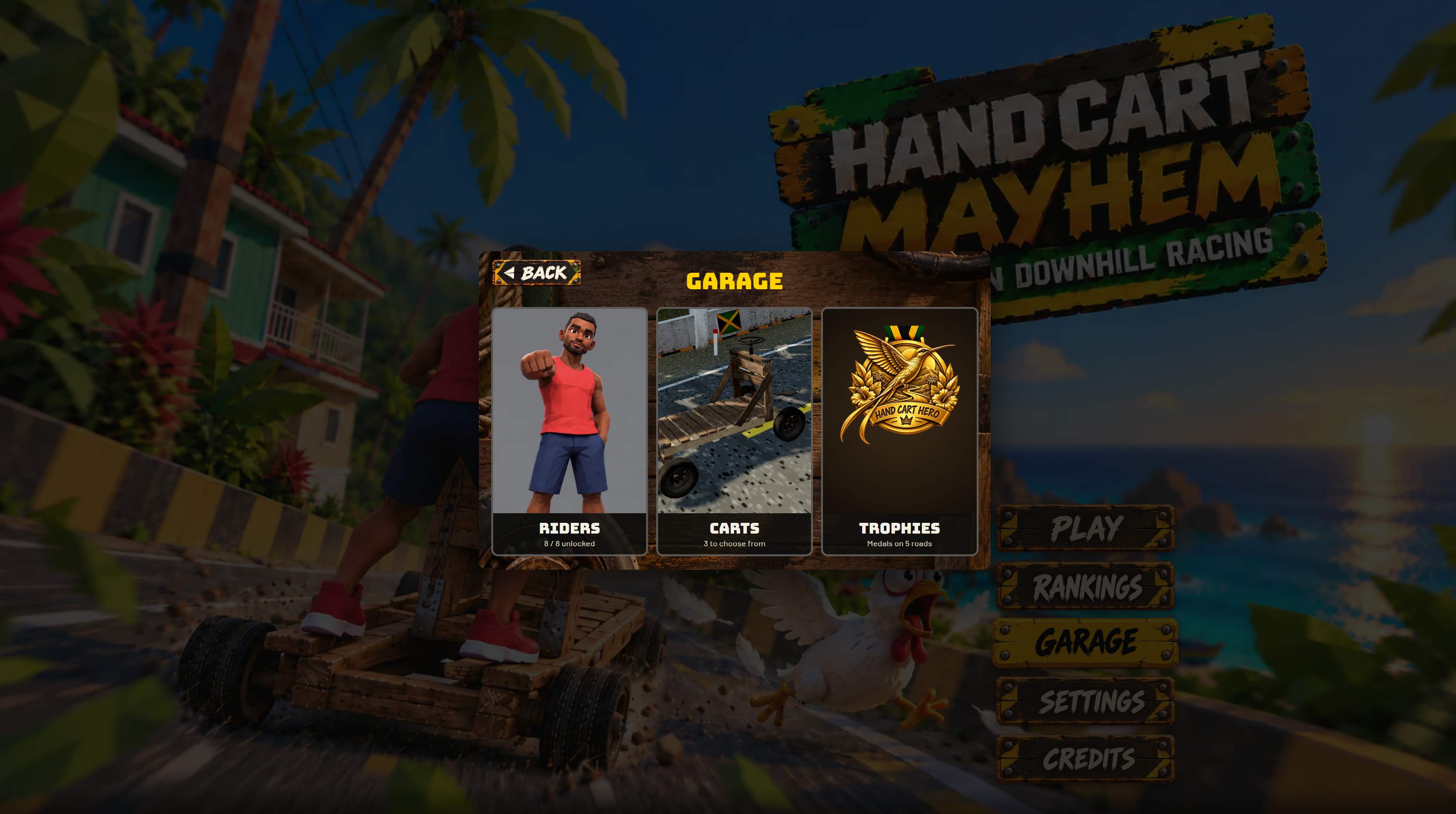Hand Cart Mayhem garage screen showing Riders, Carts, and Trophies