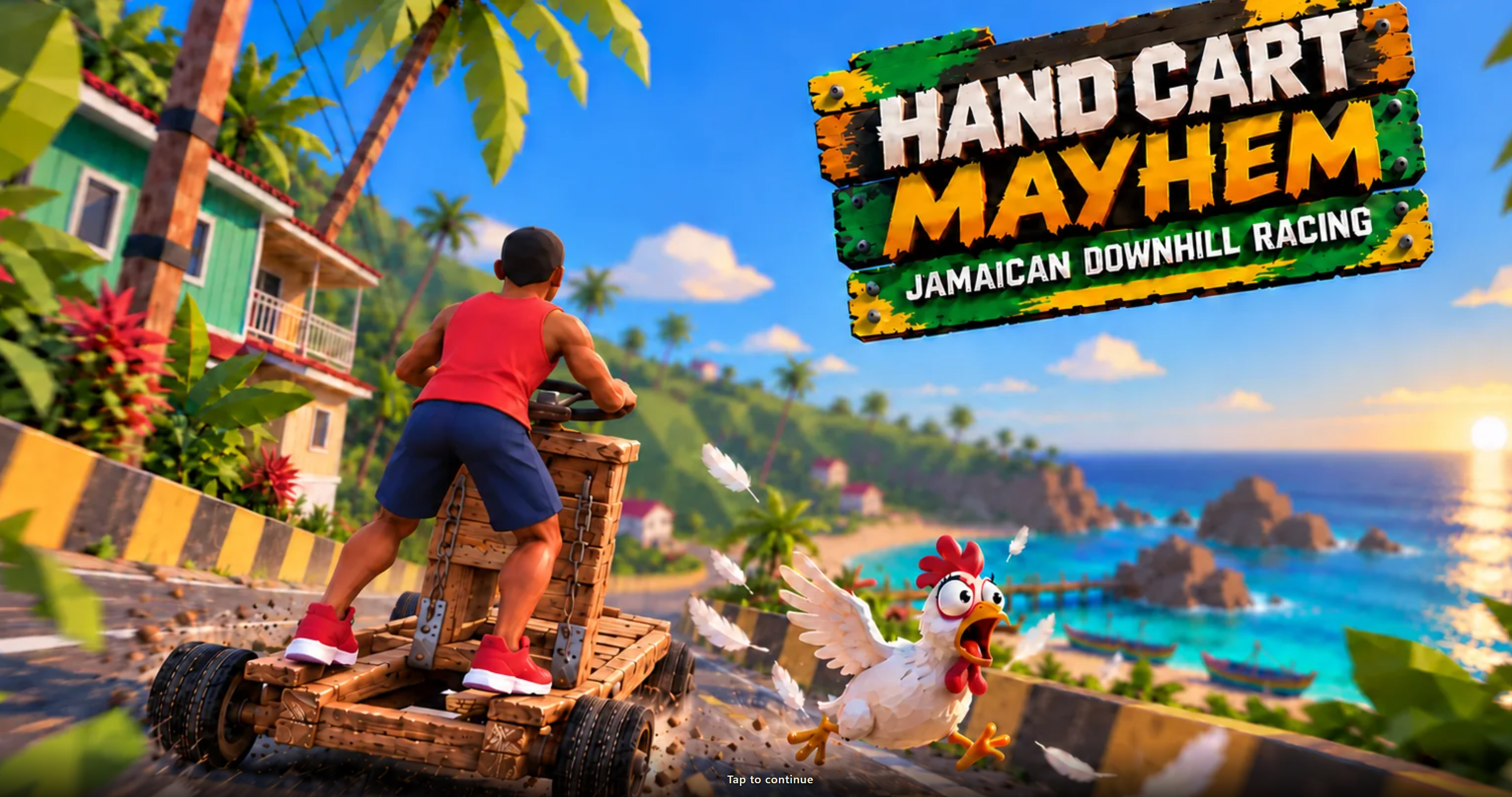 Hand Cart Mayhem: Jamaican Downhill Racing — a handcart rider and startled chicken on a Jamaican coastal road
